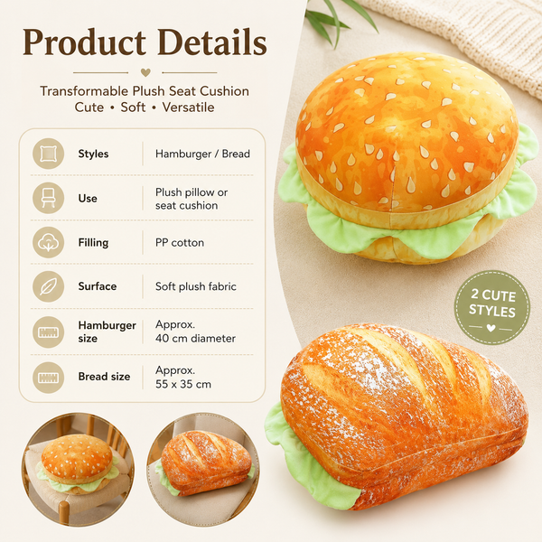 Transformable plush seat cushion shaped like a hamburger and bread on a light background.