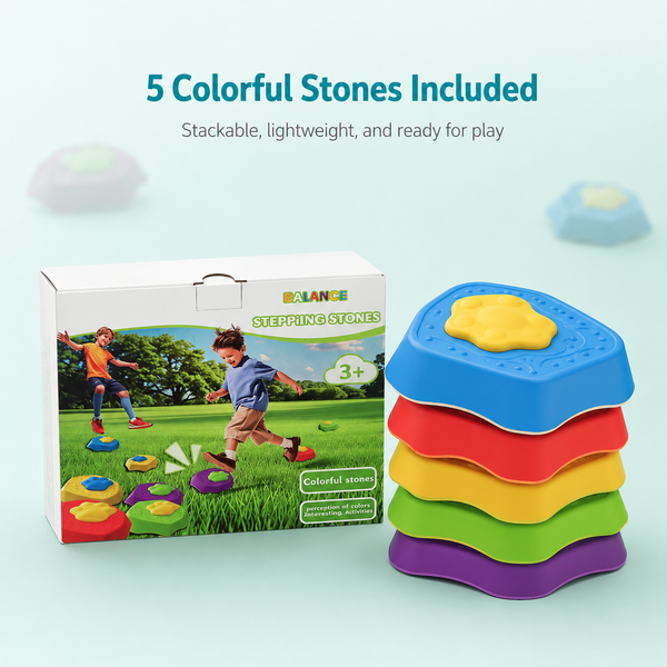 Stack of colorful stepping stones with packaging and text on a light blue background
