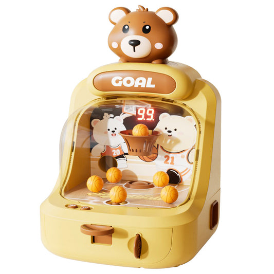 Toy basketball arcade machine with bear design on a white background