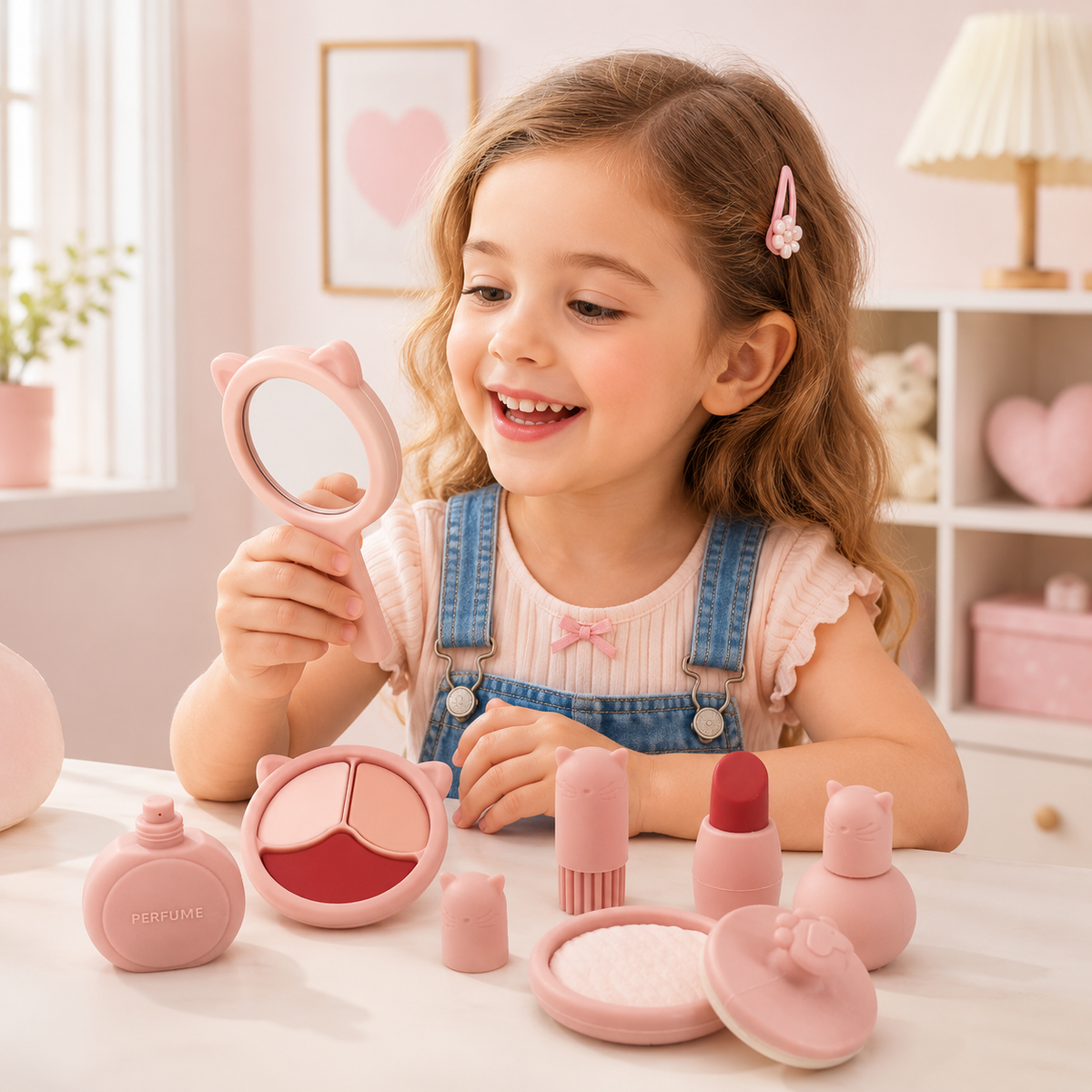 Little girl pretending to use a silicone makeup toy set at a play vanity