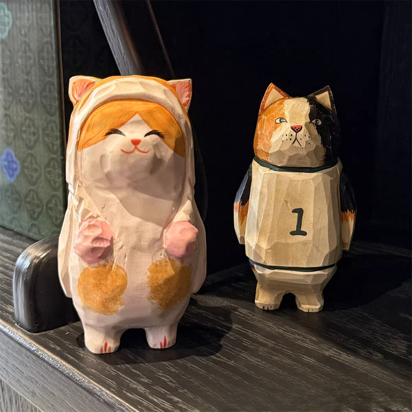Hand-Carved Wooden Cat Desktop Ornament