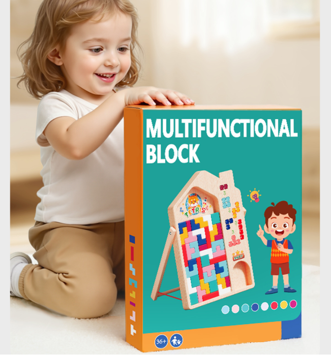 Child playing with a multifunctional block toy set on a light-colored floor.