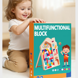 Child playing with a multifunctional block toy set on a light-colored floor.