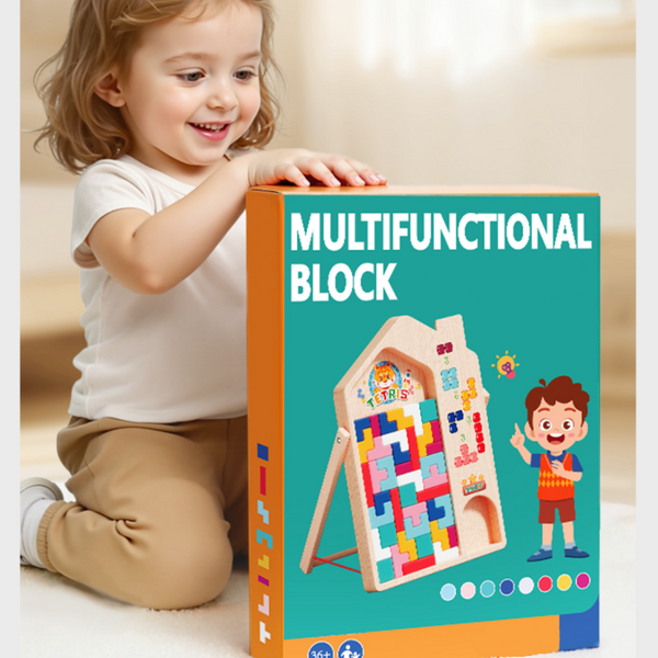 Child playing with a multifunctional block toy set on a light-colored floor.