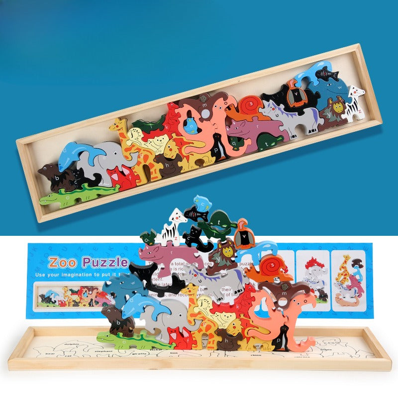 Wooden puzzle with colorful animal figures on a blue background