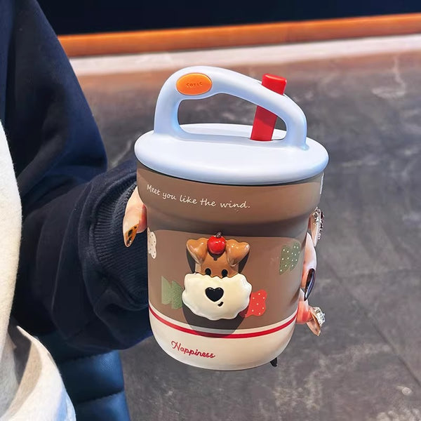 Ceramic Lined Insulated Breakfast Mug with Spoon