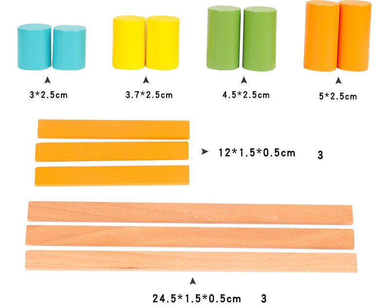 Colorful cylindrical objects with measurements and a drawstring bag on a white background