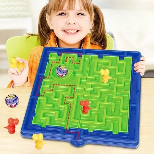 Child playing with a maze toy on a table