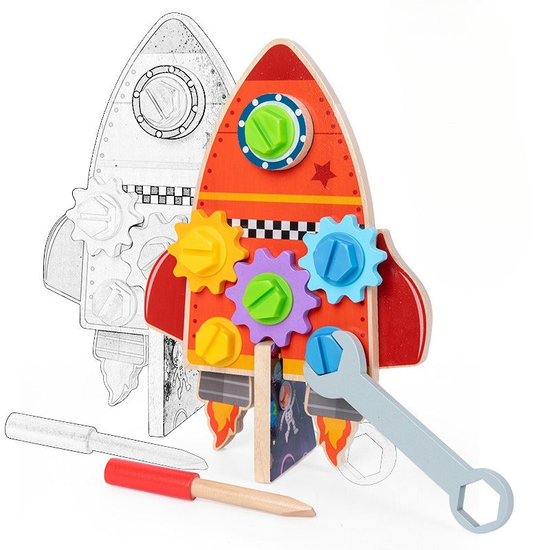 Wooden 2-in-1 Rocket Builder & Gear Discovery Toy