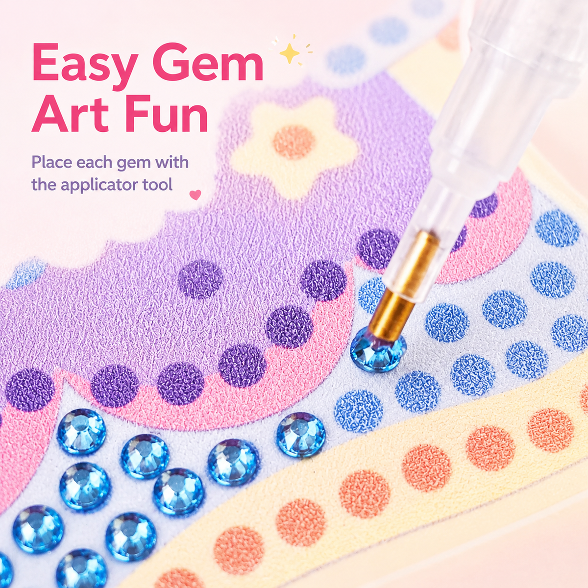 Gem art activity set with applicator tool and gems on a colorful background