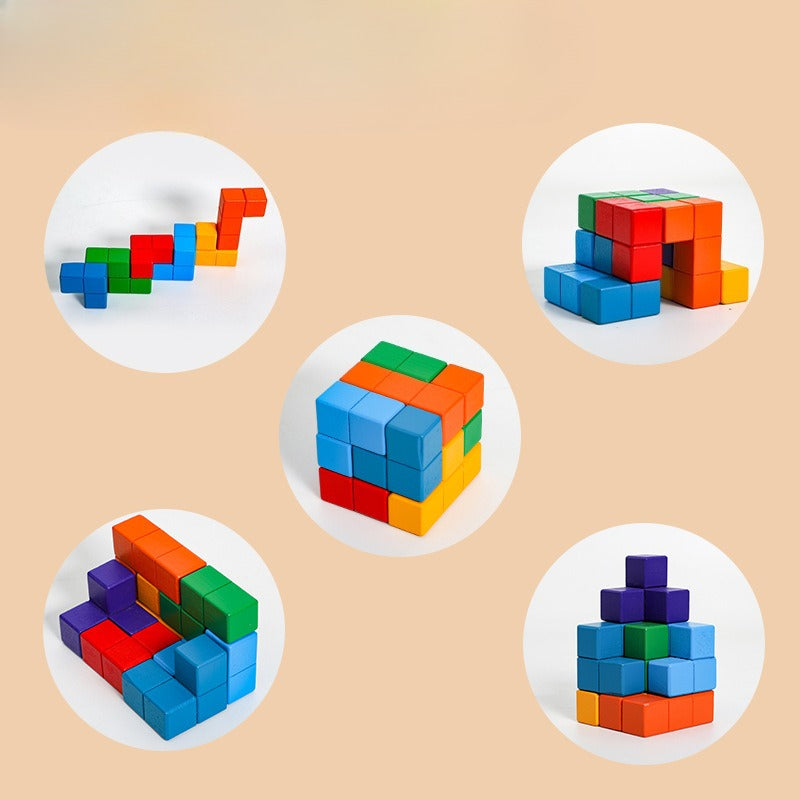Colorful building block sets arranged on a beige background