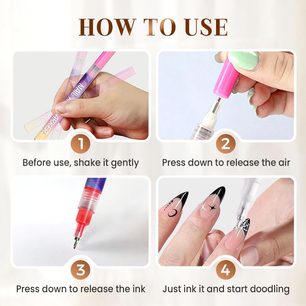 Step-by-step guide on how to use a nail art pen with images and text.