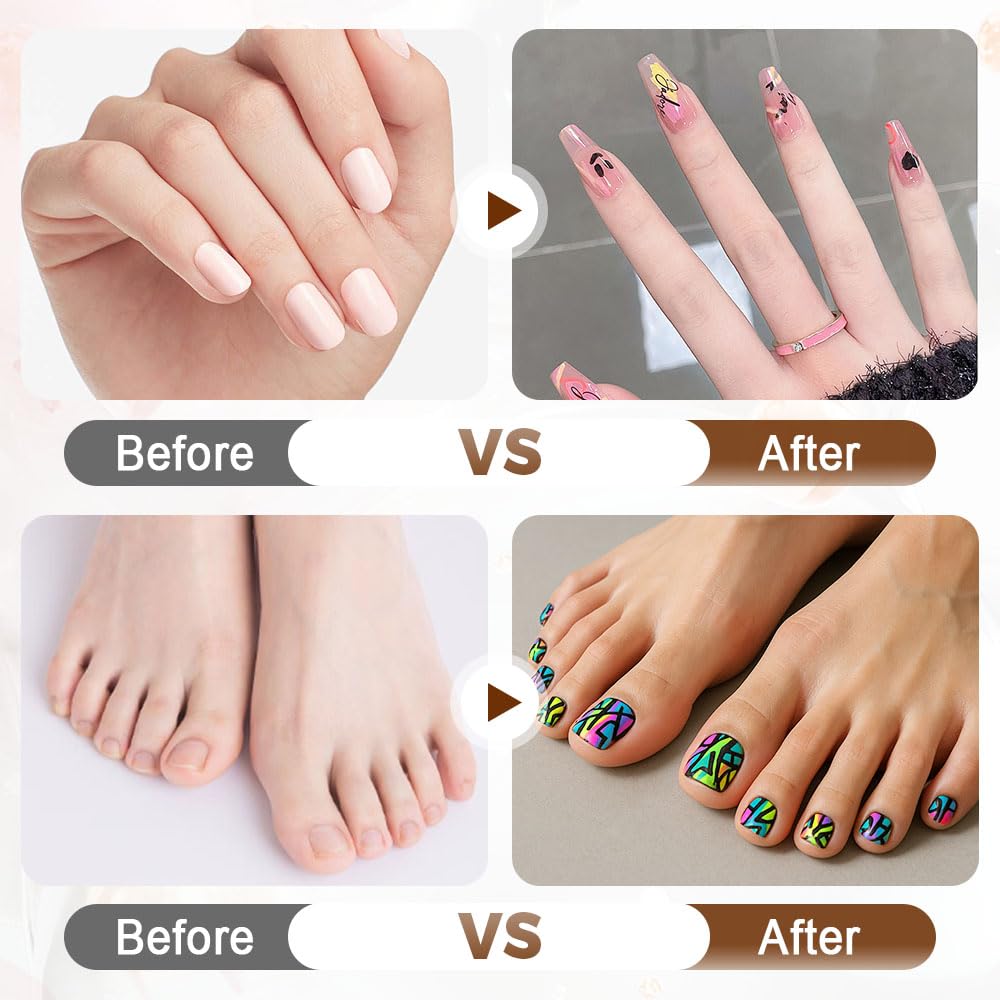 Before and after comparison of nail and toe care with colorful designs.
