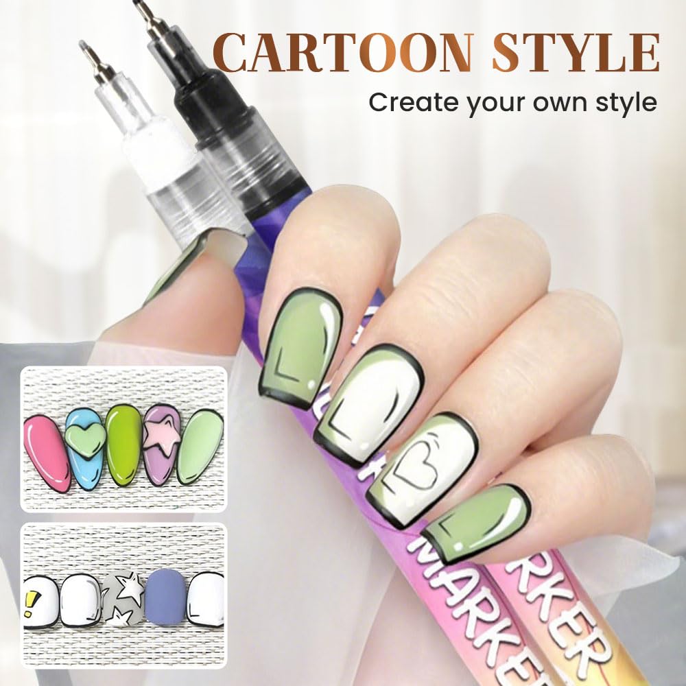 Nail art marker with colorful designs on nails and cartoon-style illustrations.