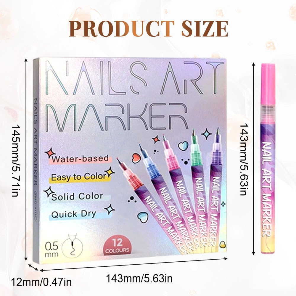 Nails Art Marker packaging with product dimensions and features.