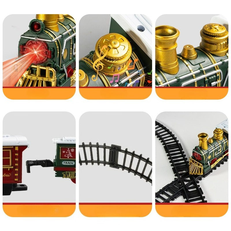 Collage of a toy train set with locomotive, car, and tracks on a white background.