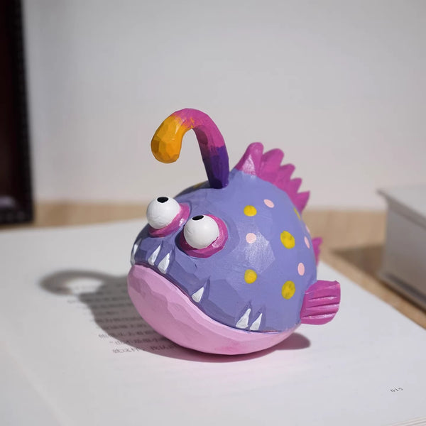 Hand-Carved Wooden Anglerfish Figurine