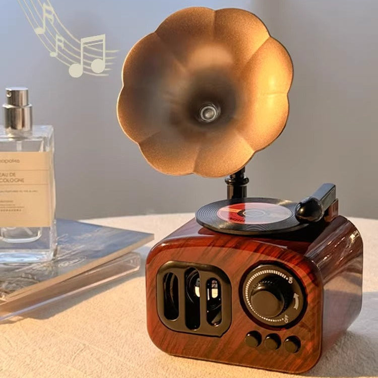 Wooden gramophone-shaped speaker on a surface with music notes in the background