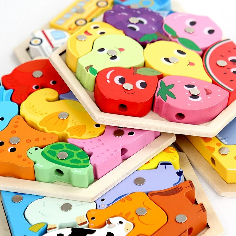 Colorful wooden puzzle with animal and fruit shapes on a white background