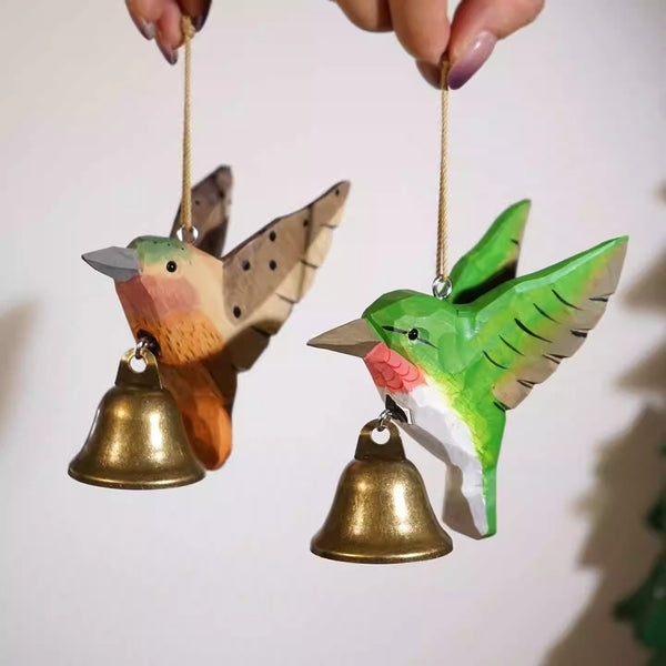 Hand-Carved Wooden Hummingbird Bell Ornament