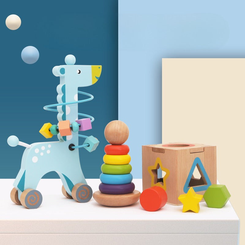 Wooden Early Learning Play Set – 3-in-1 Shape Sorter, Stacker & Bead Maze