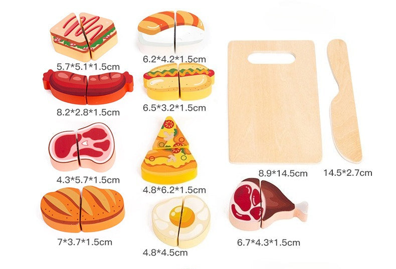 Wooden toy food pieces and cutting boards with measurements on a white background