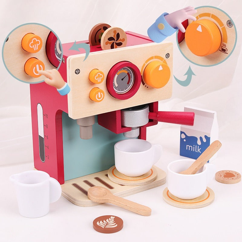 Toy coffee machine set with various accessories on a light background