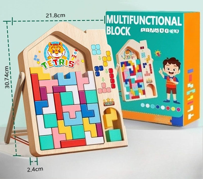 Wooden Tetris-like puzzle with colorful blocks and packaging on a light blue background