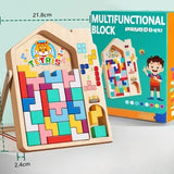 Wooden Tetris-like puzzle with colorful blocks and packaging on a light blue background