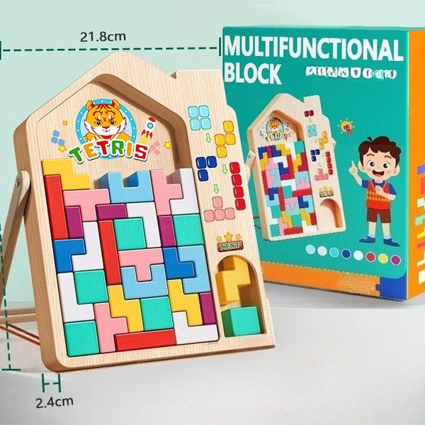 Wooden Tetris-like puzzle with colorful blocks and packaging on a light blue background