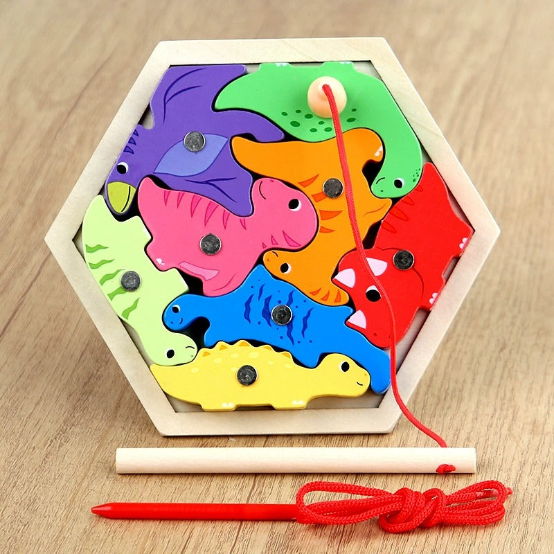 Colorful dinosaur wooden puzzle with a string on a wooden surface