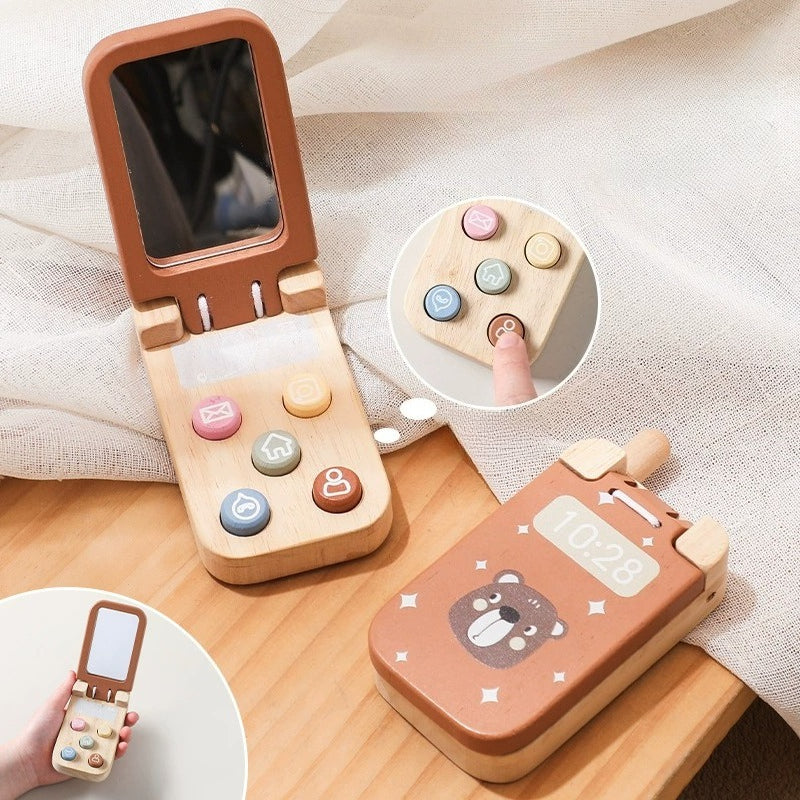 Bear Wooden Flip Phone Toy with Press Buttons