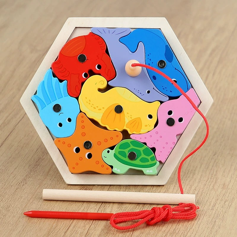 Colorful wooden puzzle with animal shapes on a wooden surface