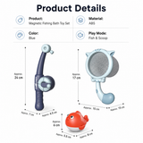 Magnetic fishing bath toy set with dimensions and product details on a white background