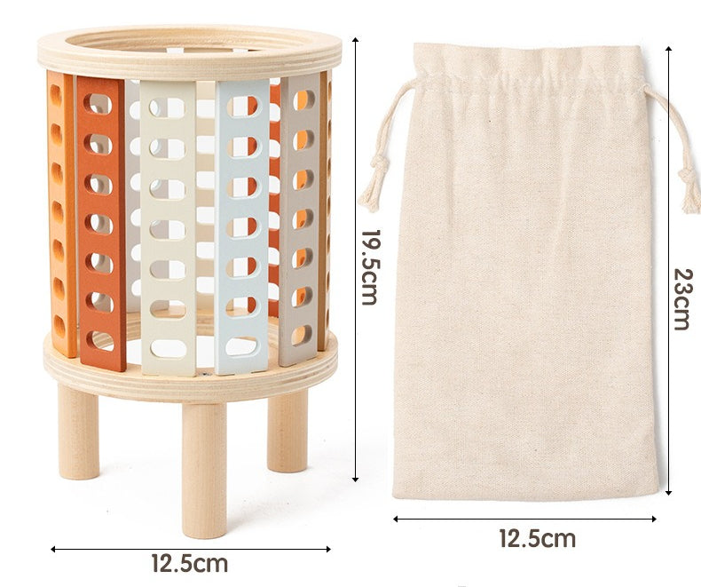 Woven basket with geometric pattern and drawstring bag with measurements on a white background