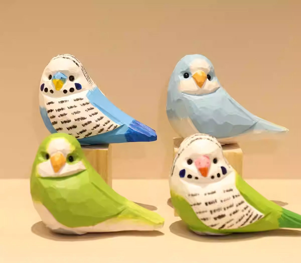 Hand-Carved Wooden Budgie and Monk Parakeet Figurine