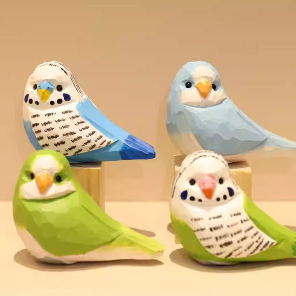 Hand-Carved Wooden Budgie and Monk Parakeet Figurine