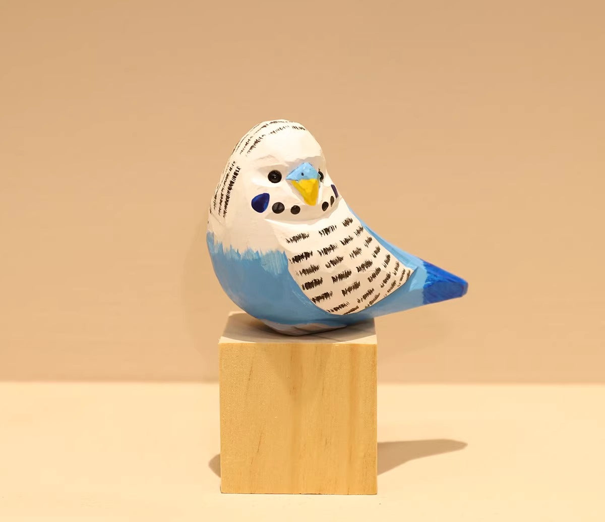 Hand-Carved Wooden Budgie and Monk Parakeet Figurine