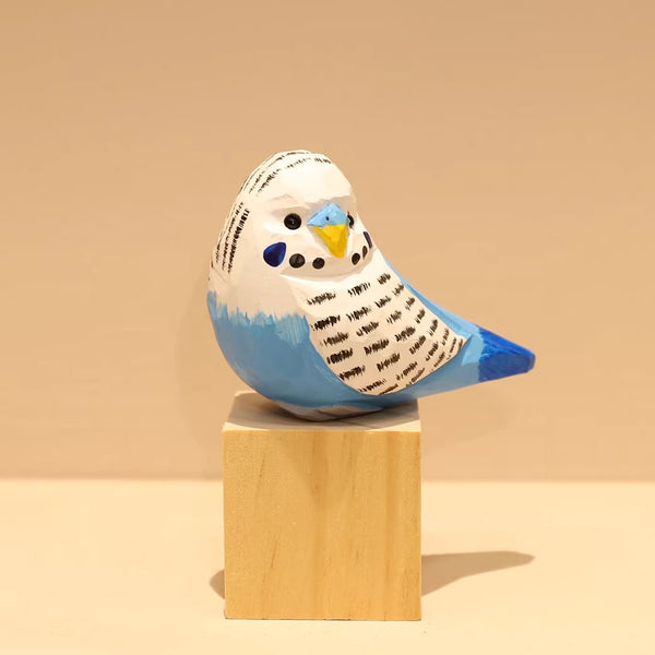 Hand-Carved Wooden Budgie and Monk Parakeet Figurine