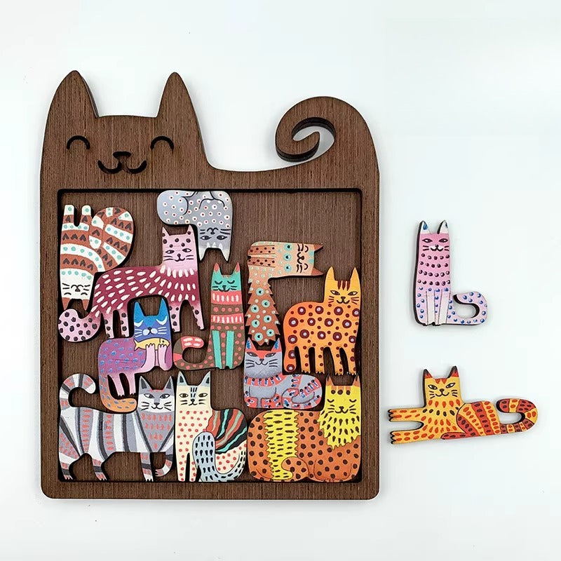 Wooden puzzle with colorful cat illustrations on a white background