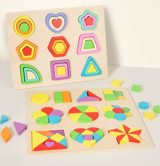 Colorful wooden shape sorting puzzle on a white background