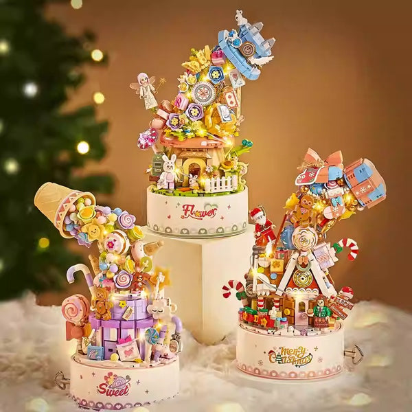 Rotating Musical Building Block Ornament with Integrated Lights