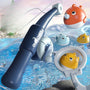 Children's bath toy set with a blue and gray toy gun and colorful fish toys in water.