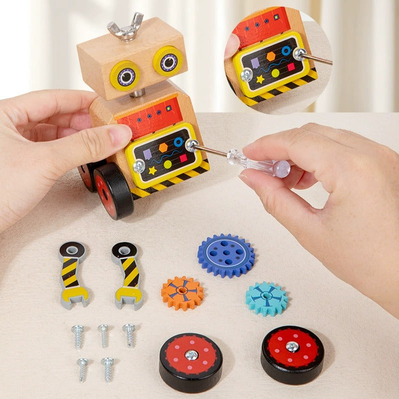 Wooden robot toy being assembled with colorful parts on a beige surface.