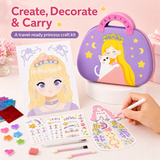 Princess-themed craft kit with coloring book, stickers, and tools on a pink background