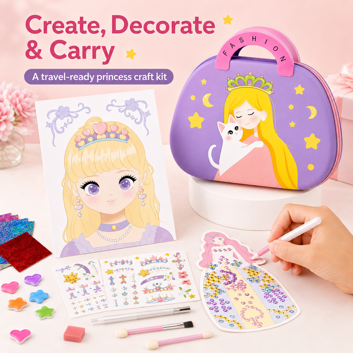 Princess-themed craft kit with coloring book, stickers, and tools on a pink background