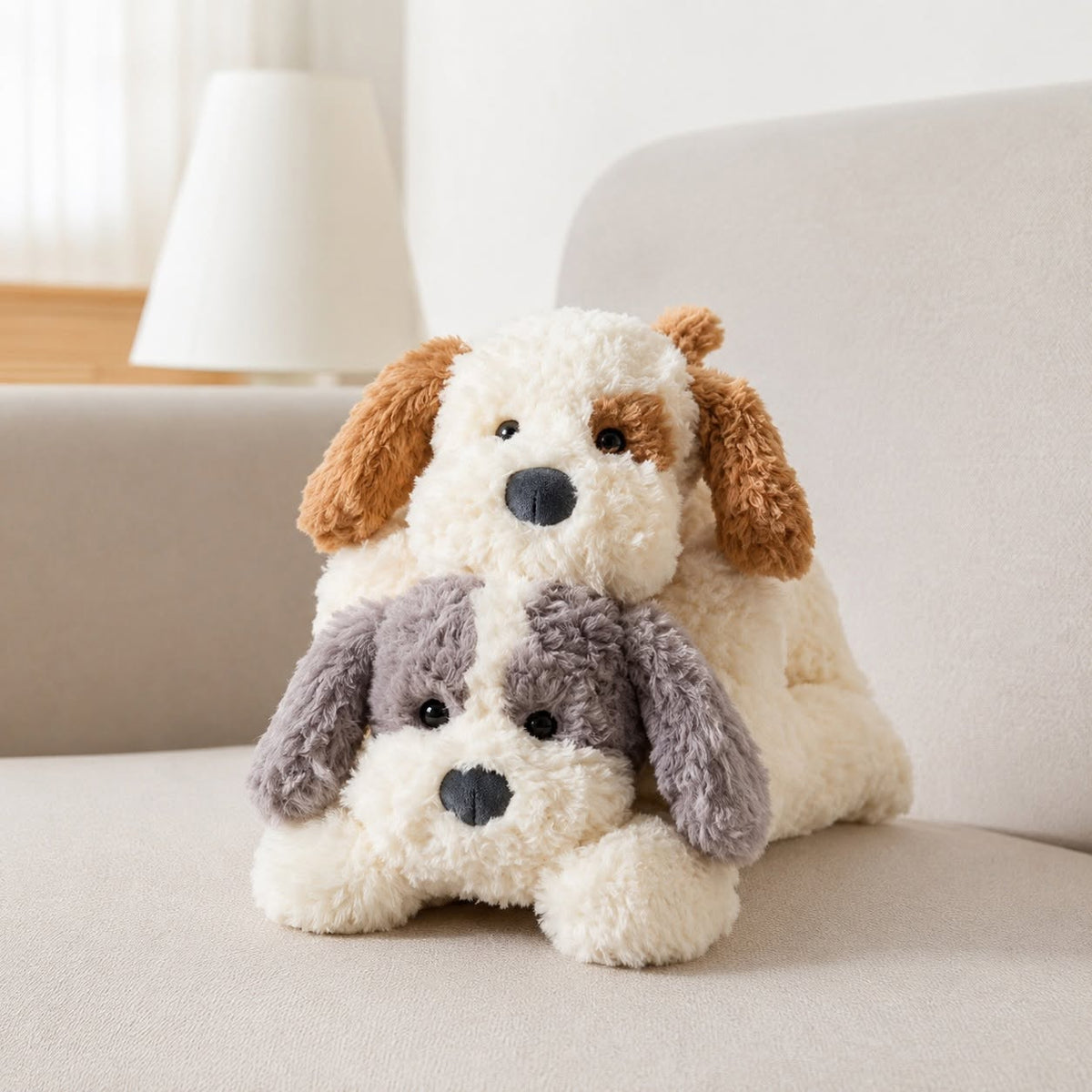 Two plush dog toys, one brown and one gray, on a light-colored couch.