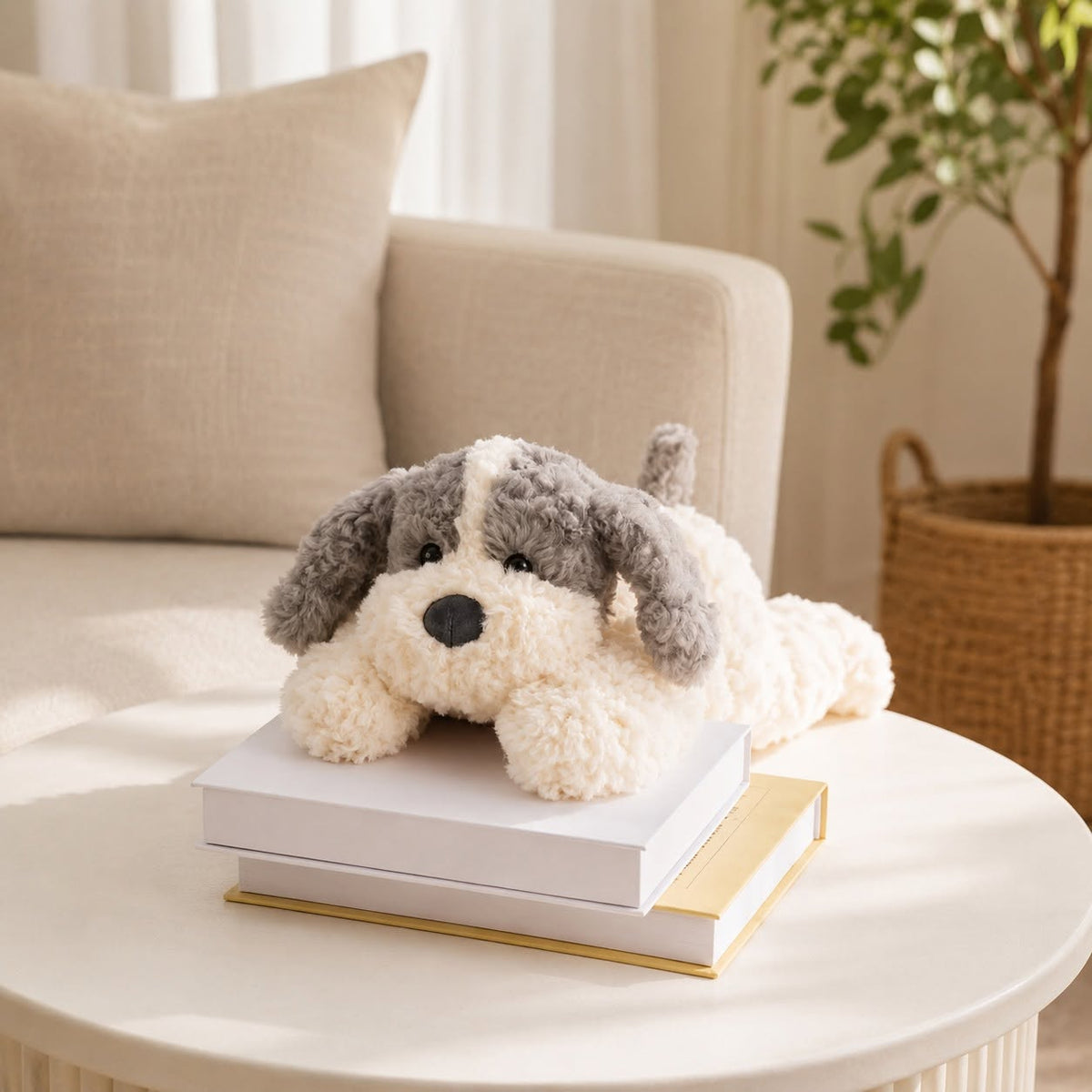 Plush dog toy on a stack of books on a coffee table in a living room setting.