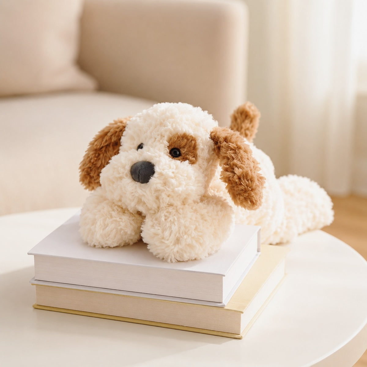 Plush dog toy on top of books with a blurred background