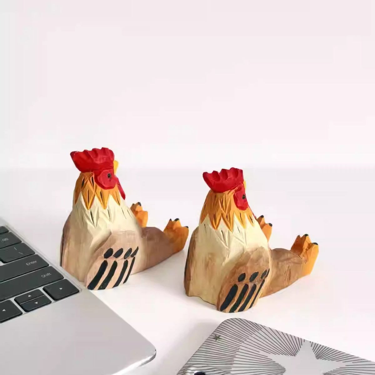 Hand-Carved Wooden Rooster Phone Stand